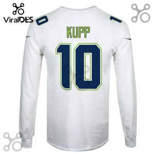 White long-sleeved shirt featuring the name 'KUPP' and the number '10' in a Seattle Seahawks-themed design.!