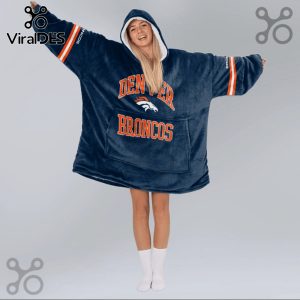 Oversized hoodie blanket with 'Denver Broncos' text and team logo. Orange and white stripes on sleeves.!
