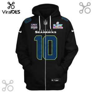 Black zip-up hoodie with Seattle Seahawks theme, number 10, NFL logo, and Super Bowl LIX emblem.!