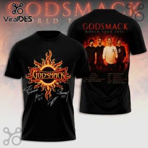 Godsmack World Tour 2026 black t-shirt featuring the band's logo with signatures and tour dates on the back.!