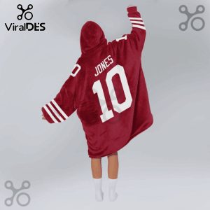 Burgundy hooded blanket featuring the name JONES and number 10 in white on the back, with white stripes on the sleeves.!
