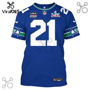 A blue football jersey with the number 21 in white, Seahawks logos on the sleeves, and a Super Bowl LVII patch.!