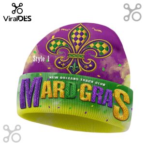 Mardi Gras limited edition beanie hat with purple, green, and gold colors.
