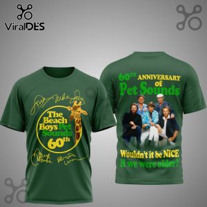 Green tee, front: Beach Boys Pet Sounds 60th anniversary graphic with giraffe, signatures! Back: Band photo, 60TH ANNIVERSARY text!