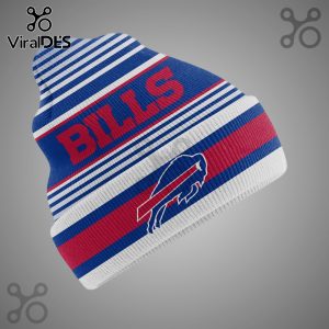 Beanie with blue, red, and white stripes, featuring the word 