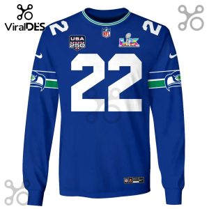 A blue long-sleeve sports jersey with the number 22, the NFL logo, and the Super Bowl logo.!
