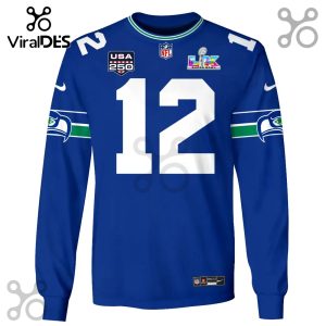 A blue long sleeve shirt with the number 12, a USA 250 patch, an NFL logo, and a Super Bowl LIX emblem.!