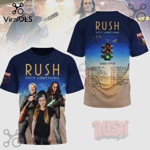 Rush Fifty Something 2027 Tour T-shirt featuring band members, a woman, traffic lights and tour dates.!