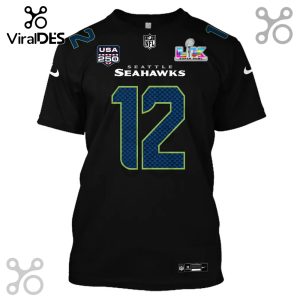 Black t-shirt features a Seattle Seahawks jersey design with the number 12, NFL logo, and Super Bowl LVIII patch.!