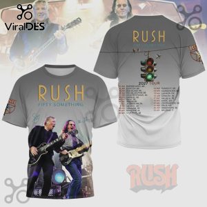 Rush Fifty Something 2027 Tour all-over print shirt featuring band members and tour dates!