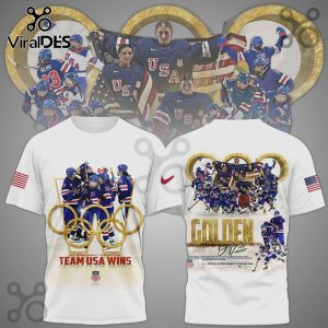 White t-shirt with the USA Women's Hockey Team design and golden olympic rings!