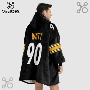 Black hooded blanket featuring 'Watt' and '90' in yellow and white, with yellow and white stripes on the sleeves.!