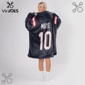 Back view of a woman wearing a blanket hoodie with 'MAYE' and the number '10' printed on it.!