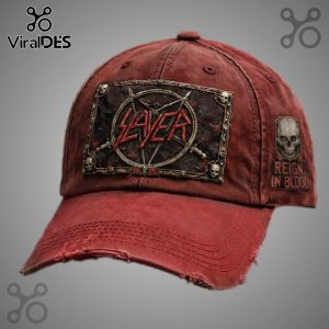 Distressed red cap with Slayer logo patch and skull/Reign in Blood detail.!