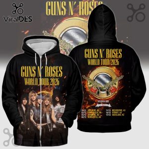 Guns N' Roses World Tour 2026 black hoodie with band member photo and tour dates printed all over.!