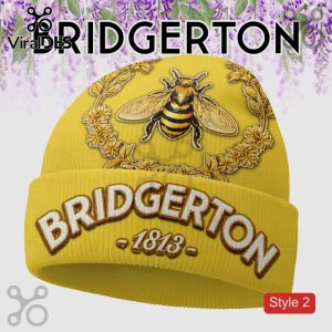 Yellow Bridgerton beanie: bee graphic, Bridgerton text, year 1813, period drama fan merch!