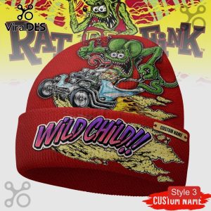Red beanie with Rat Fink, race car art! 'Wild Child' text with custom name option, cartoon style!