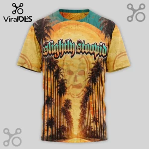 Yellow tee with palm trees, skull, sun. 'Slightly Stoopid' in green retro text!