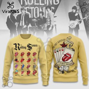 Gold Rolling Stones sweatshirt. Logos, dates, playing cards, dice! Reads 'You can't always get what you want'.!