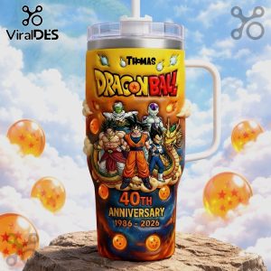 Dragon Ball 40th Anniversary tumbler with Goku, Vegeta, Frieza, Piccolo, and Broly!