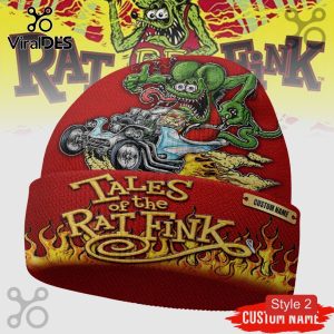 Red beanie with Rat Fink art! 'Tales of the Rat Fink' text, hot rod car, and custom name option!