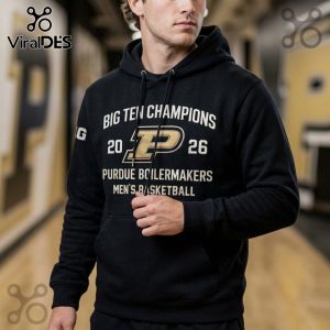 Black hoodie: BIG TEN CHAMPIONS 2026 Purdue Boilermakers Men's Basketball text with gold 'P' logo!