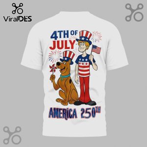 White tee: cartoon Scooby Doo, Shaggy. Text: 4th of July, America 250th. Patriotic red, white, blue colors!