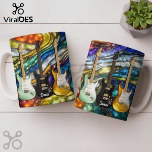 Guitar lover mug, stained glass style with green, black, yellow axes. Names 