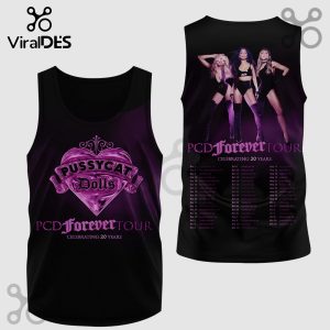 Black PCD Forever Tour tank top. Features tour dates, heart logo, and girl group photo. Purple font.!