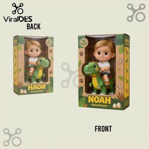 Toy box featuring 'Noah Adventure' and 'HAOW.' Green, brown, tan, and beige color scheme; cartoon dinosaur design!