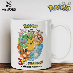 White mug with Pokemon characters print. Text: Pokemon, 30 Years Of Catching Them All.!