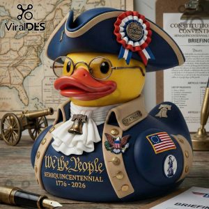 A novelty rubber duck dressed as a Founding Father, celebrating the Semiquincentennial 1776-2026, with patriotic details.!