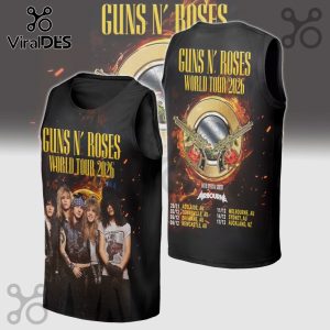 Black tank top with the Guns N' Roses World Tour 2026 design on the front and back.!