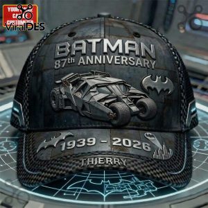 Black textured hat: BATMAN 87th ANNIVERSARY, car, bat logos, 1939-2026, THIERRY!