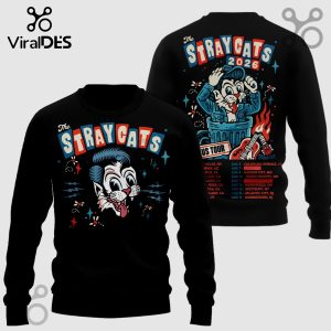Black Stray Cats 2026 Tour Sweater! Retro cartoon cat design; blue, red, white text!
