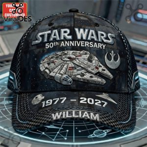 Star Wars 50th Anniversary hat featuring Millennium Falcon, rebel symbol, dates 1977-2027 and name William.!