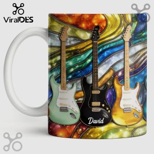 White mug with guitars graphic art: green, black, gold. 'David' printed. Colorful stained glass background!