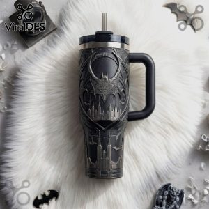 Black travel mug with a detailed Batman logo, cityscape, and gargoyle design!