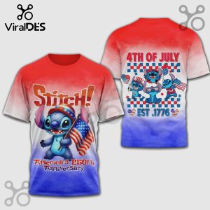 Red, white, and blue Stitch shirt with 'Stitch!' and 'America's 250th Anniversary' text.!