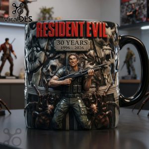 Resident Evil 30 Years Mug: Red text, grayscale zombie art, soldier figure. Gamer merch!