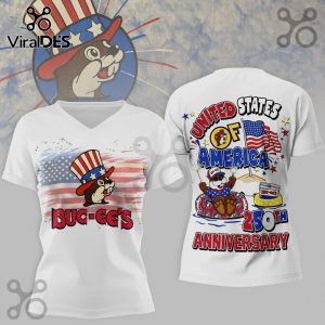 White v-neck tee with Buc-ee's cartoon beaver in red, white, blue USA colors! Text: Buc-ee's, United States of America, 250th Anniversary!