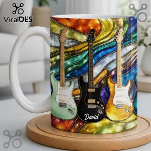 Guitar Lover Mug! Stained glass style guitars; green, black, gold. Features custom name 