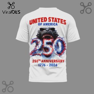 White t-shirt with Godzilla, 250 and United States of America text design.!