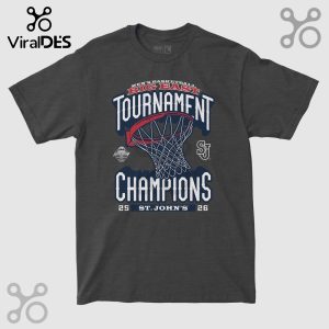 Gray tee with St John's basketball design: 'Big East Tournament Champions, 25 St John's 26' in red and blue ink!
