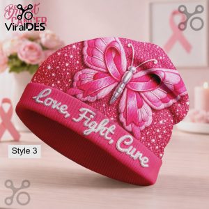 Pink beanie with butterfly ribbon design and text: Love, Fight, Cure!
