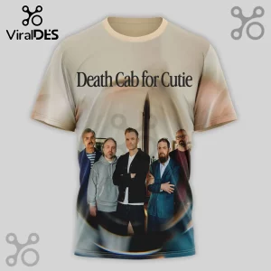 Beige tee featuring band Death Cab for Cutie; group photo and text in black!