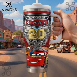 Cars 20th Anniversary 2006-2026 design with Lightning McQueen and Mater on a travel mug.!