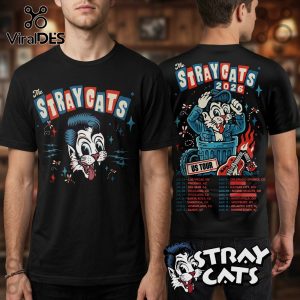 Black tee: Stray Cats 2026 tour design! Cat graphic, tour dates, rockabilly style, red, blue, white hues!
