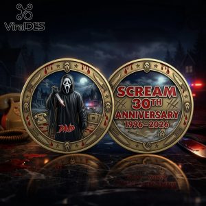 Gold coin: Ghostface, Scream 30th Anniversary 1996-2026! Blood drips, David written, horror design!