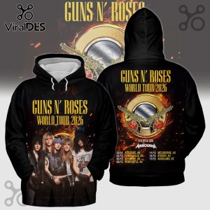 Black hoodie with Guns N' Roses World Tour 2026 design featuring the band members and tour dates.!